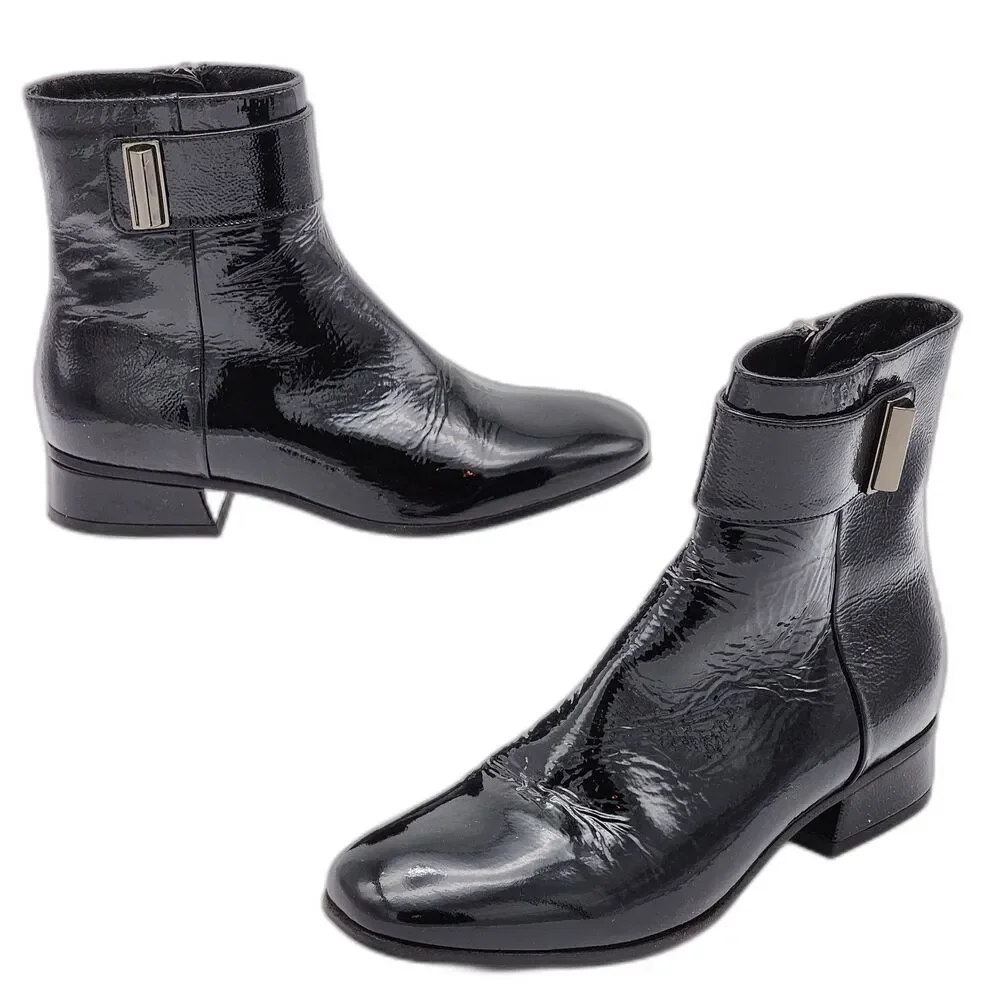 Aquatalia Lupita Sleek Patent Leather Buckle Ankle Boot Booties Black Size 6